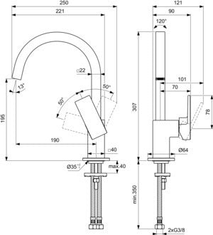 IDEAL STANDARD Extra Waschtischarmatur 190 mm Auslauf, ohne Ablaufgarnitur, Silver Storm