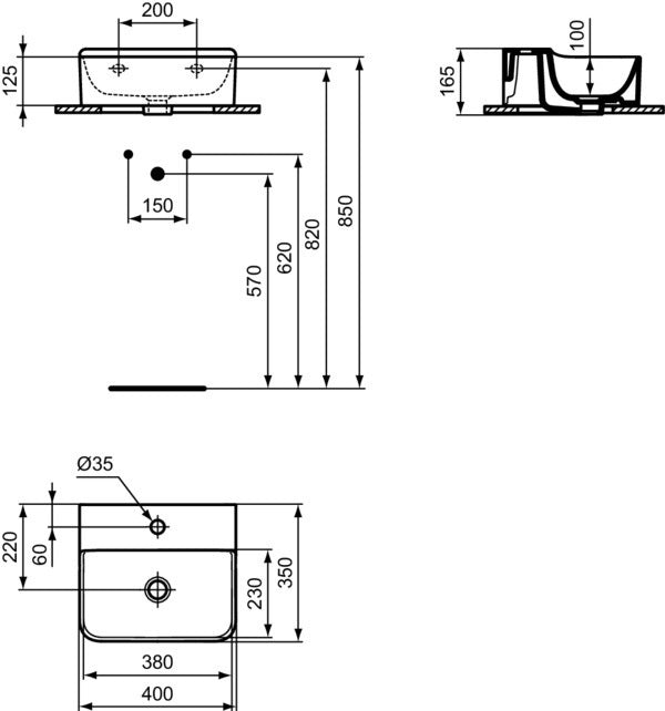 Ideal Standard Handwaschbecken Conca 400x350x145mm, 1 Hahnloch, ohne Überlauf, Weiß