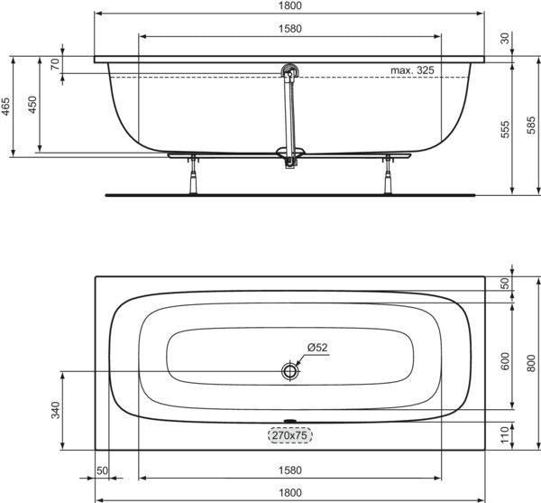 Ideal Standard i.life Duo-Badewanne 1900x900x450 mm Weiß – 2-Sitzer mit Mittelablauf