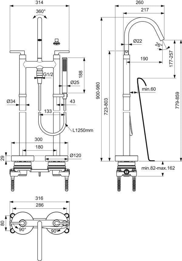 Ideal Standard Joy Neo freistehende Badearmatur mit UP-Körper, Hebelgriffe, Chrom