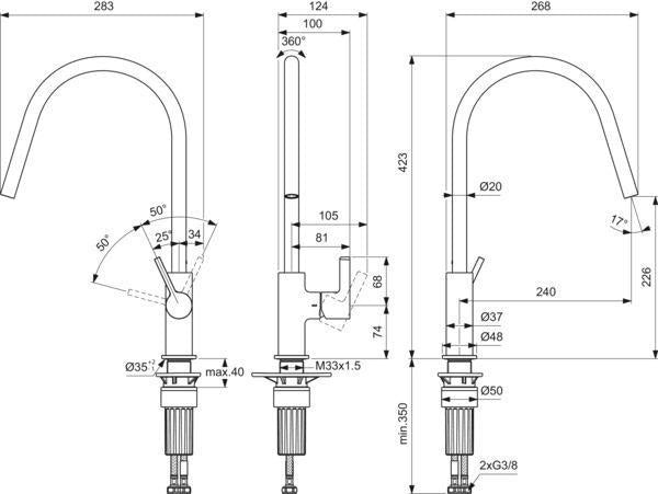 IDEAL STANDARD Gusto Küchenarmatur 238 mm Ausladung Sunset Rose – Einhebelmischer mit 360° Schwenkbereich