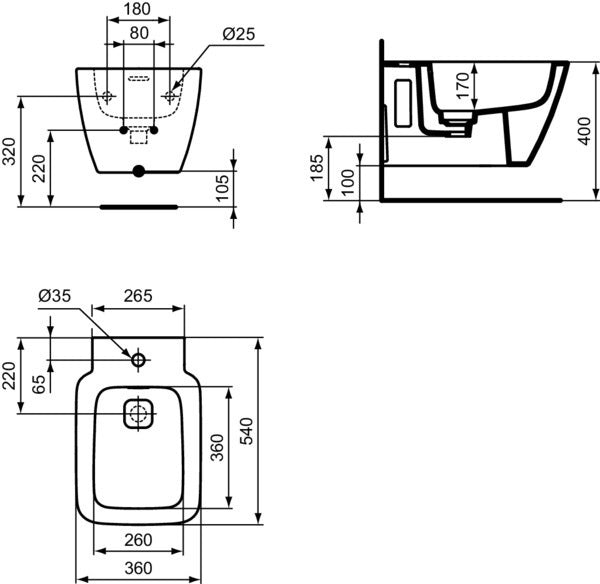 Ideal Standard Strada II Wandbidet Weiß mit Überlauf und keramischer Ablaufabdeckung