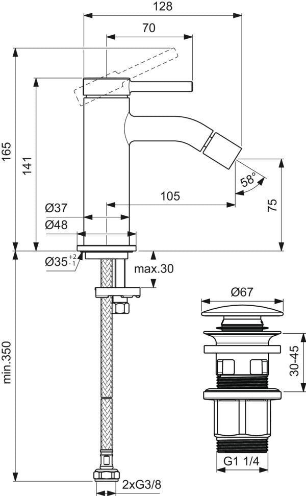 IDEAL STANDARD Ceraline Nuovo Bidetarmatur 105 mm Ausladung, ohne Ablaufgarnitur, Chrom