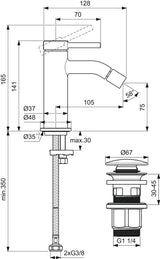 IDEAL STANDARD Ceraline Nuovo Bidetarmatur 105 mm Ausladung, ohne Ablaufgarnitur, Chrom