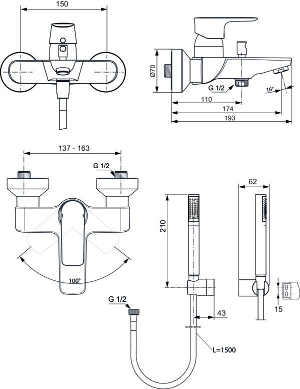Ideal Standard Connect Air Badearmatur Aufputz mit Handbrause-Set 174mm Chrom