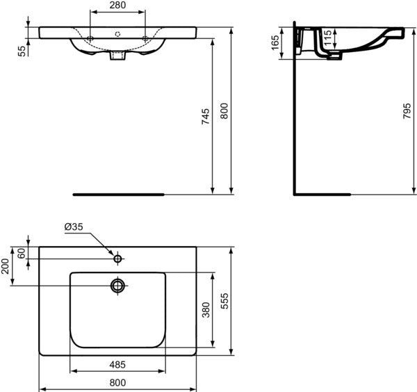 Ideal Standard Waschtisch Connect Freedom 800 mm, 1 Hahnloch, unterfahrbar, weiß