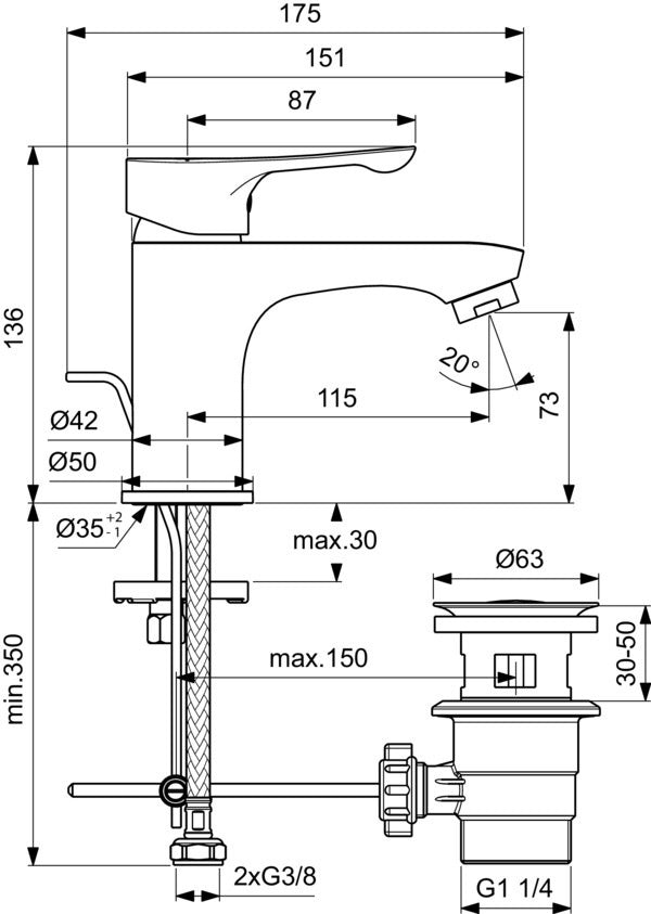 Ideal Standard Alpha Waschtischarmatur Chrom 115 mm mit Ablaufgarnitur