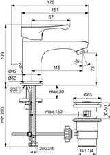 Ideal Standard Alpha Waschtischarmatur Chrom 115 mm mit Ablaufgarnitur