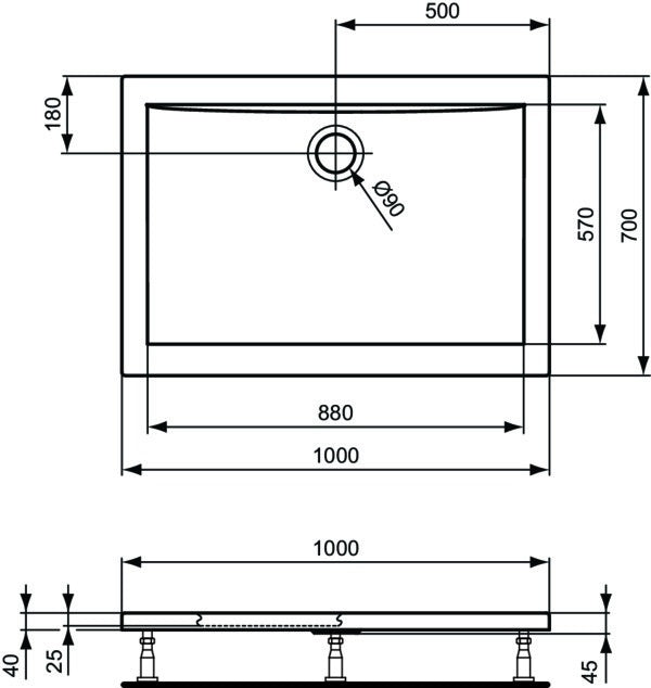 IDEAL STANDARD Ultra Light Rechteck-Brausewanne 900x700x45 mm Weiß – ultraflach