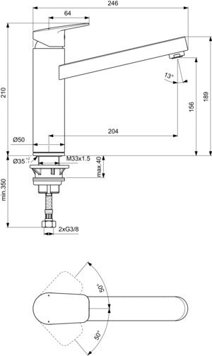 IDEAL STANDARD Ceraplan Küchenarmatur mit Rohrauslauf 204 mm Chrom, Einhebel-Mischer