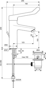 Ideal Standard Ceraplus Grande Waschtischarmatur mit Klinikhebel und Ablaufgarnitur, 123 mm Ausladung, Chrom