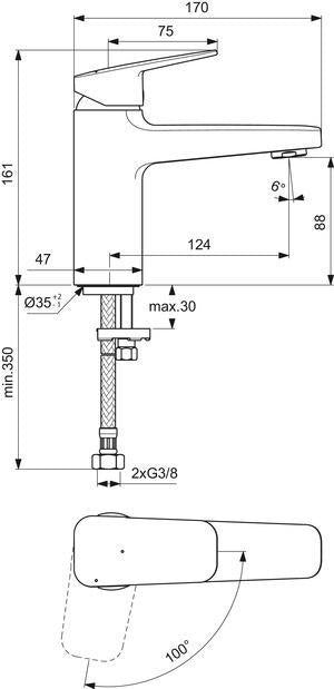 Ideal Standard Ceraplan Waschtischarmatur H90, 124 mm Ausladung, BlueStart, Chrom, ohne Ablaufgarnitur