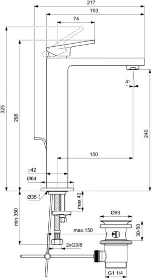 Ideal Standard Waschtischarmatur Extra 150 mm Ausladung mit Ablaufgarnitur Silver Storm