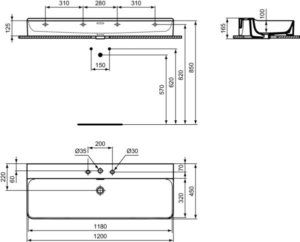 Ideal Standard Waschtisch Conca 1200x450x165mm, 3 Hahnlöcher, mit Überlauf, geschliffen, Weiß