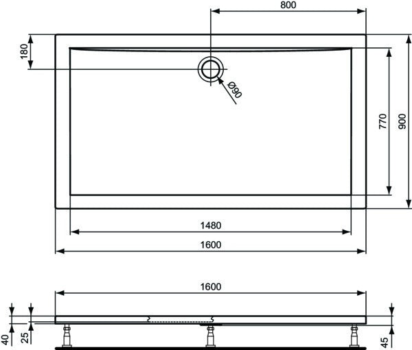 Ideal Standard Ultra Light Rechteck-Brausewanne 1800x800x45mm Weiß – Sanitäracryl, flacher Einbau