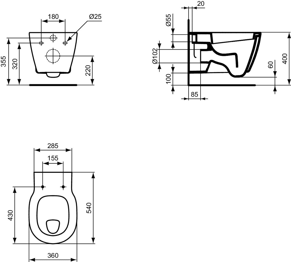 Ideal Standard Connect Wandflachspül-WC 360x540x340mm Weiß Kristallporzellan