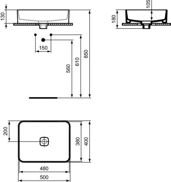 IDEAL STANDARD Aufsatzwaschtisch Strada II 500x400x180mm Weiß ohne Hahnloch