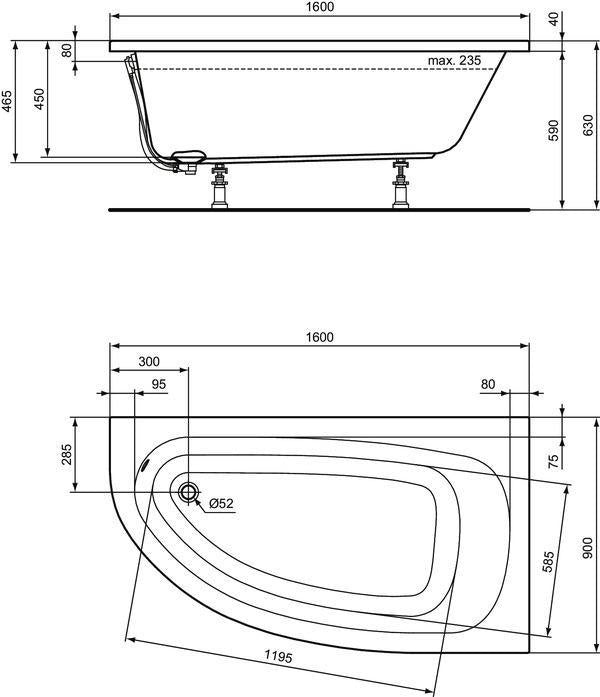 Ideal Standard Raumspar-Badewanne Hotline Neu 1600x900x465 mm, asymmetrisch rechts, Weiß
