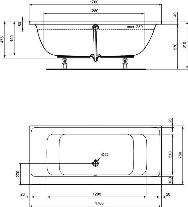 Ideal Standard Duo-Badewanne Connect Air 1700x750x475 mm Weiß – 2-Sitzer mit Mittelablauf