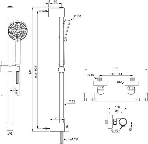 IDEAL STANDARD Brausekombination Ceratherm T25 N 900 mm mit Thermostat, 2-Funktions-Handbrause, Chrom