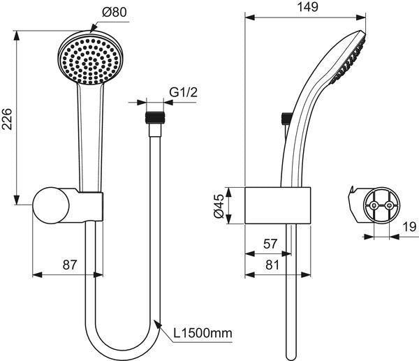 Ideal Standard Idealrain Handbrause-Set: 1-Funktion, 80 mm Chrom, mit Schlauch & Halterung