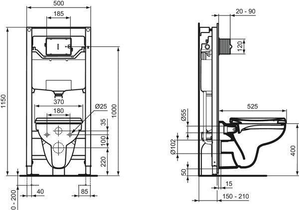 IDEAL STANDARD ProSys WC-Element Set mit RimLS Eurovit Wandtiefspül-WC & OLEAS M1 Betätigungsplatte Weiß