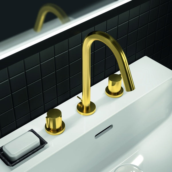 Ideal Standard Joy 3-Loch Waschtischarmatur in Brushed Gold mit Ablaufgarnitur, 127 mm Ausladung
