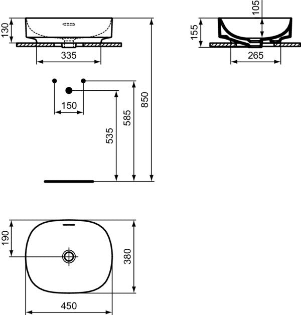 Ideal Standard Aufsatzwaschtisch Linda-X 450x380x130 mm Weiß – Keramik ohne Hahnloch, mit Überlauf