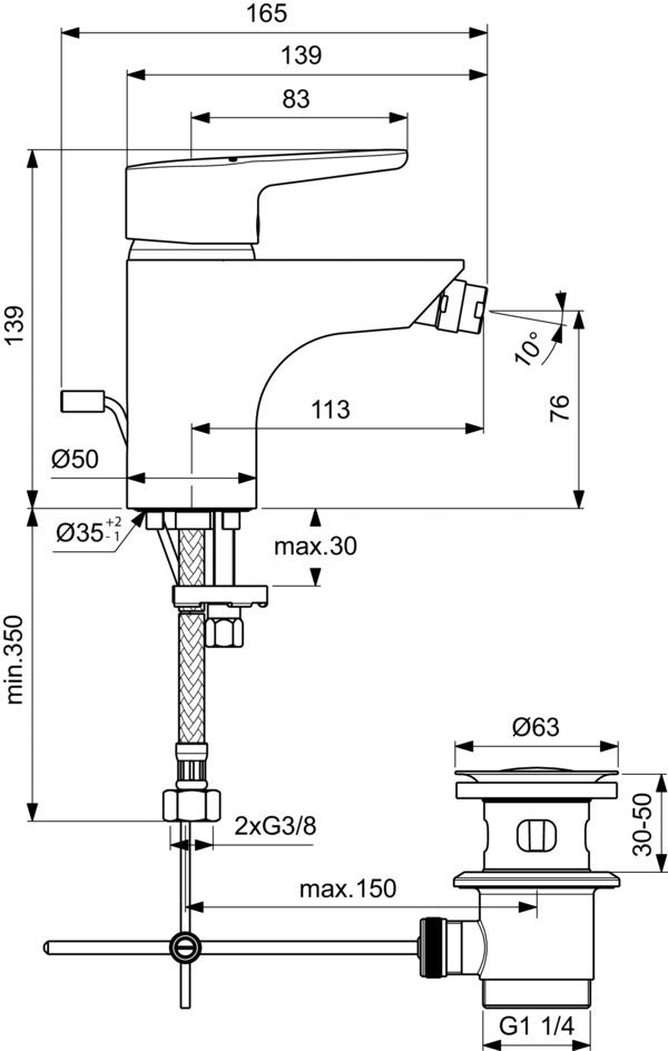 IDEAL STANDARD Connect Blue Bidetarmatur Einhandhebelmischer mit Ablaufgarnitur Chrom