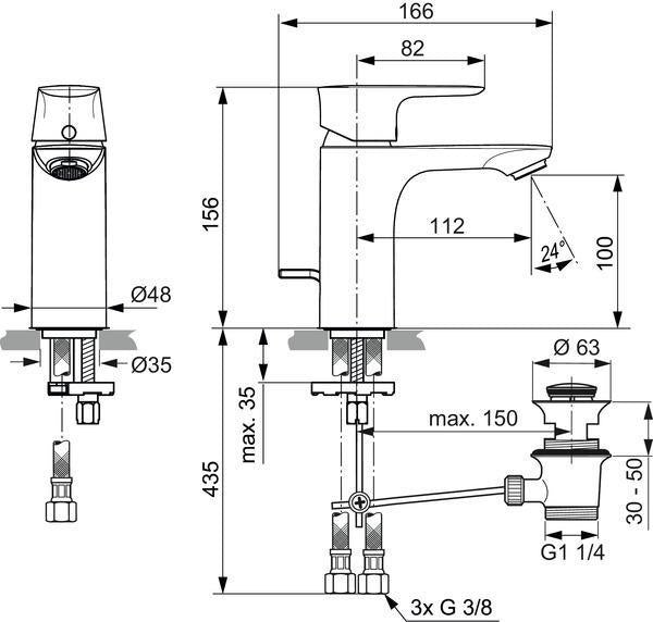 Ideal Standard Connect Air WT-Armatur ND mit Ablaufgarnitur, 112 mm Ausladung, Chrom