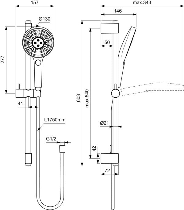 Ideal Standard Idealrain Solos Brausekombination 603 mm mit Handbrause und Schlauch – Silver Storm