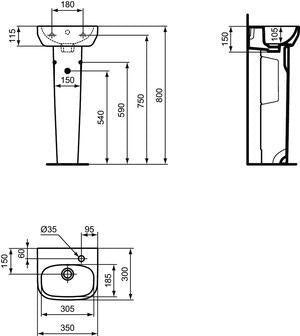 Ideal Standard i.life A Handwaschbecken 350x300x115mm Weiß, 1 Hahnloch rechts, mit Überlauf