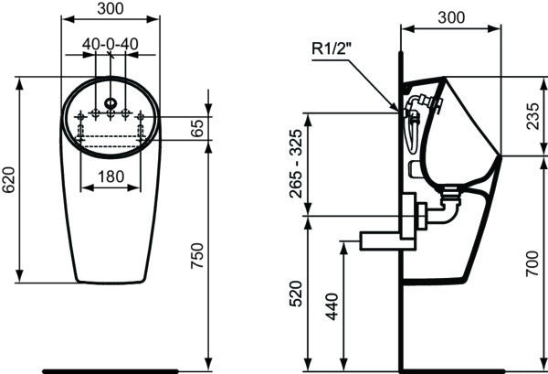 Ideal Standard Urinal Sphero Maxi ohne Spülrand, 300x300x620mm, Zulauf hinten, Weiß