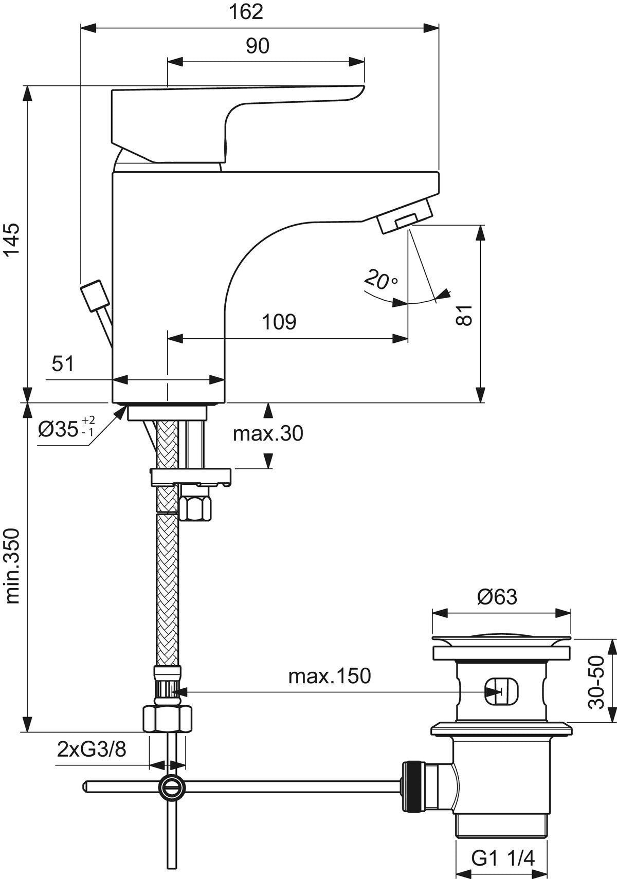 Ideal Standard Ceraplan III Einhebel-Waschtischarmatur 145 mm chrom mit Temperaturbegrenzung
