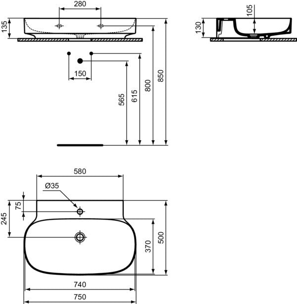 Ideal Standard Aufsatzwaschtisch Linda-X 750x500x135mm geschliffen Weiß 1 Hahnloch ohne Überlauf