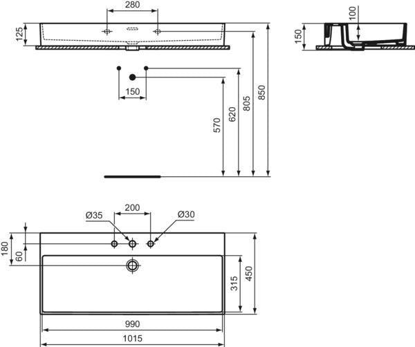 Ideal Standard Waschtisch Extra 1015 mm geschliffen Weiß mit 3 Hahnlöchern und Überlauf