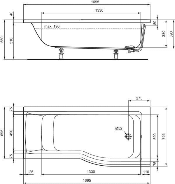 Ideal Standard Raumspar-Badewanne Connect Air, links, 1695x795x390 mm, Weiß – Kombi-Badewanne mit Fußablauf