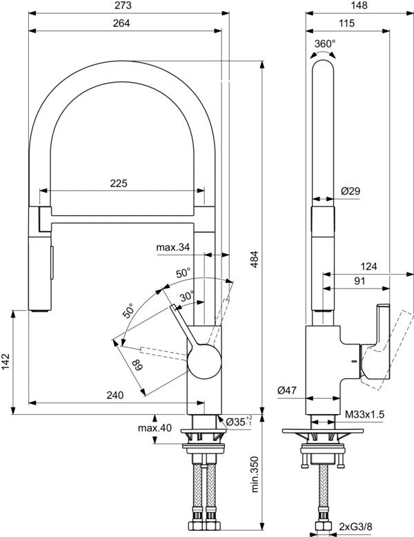 IDEAL STANDARD Gusto Semi-Pro Küchenarmatur 225 mm 2-Funktionsbrause Silver Storm