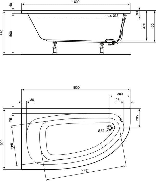 Ideal Standard Raumspar-Badewanne Hotline Neu 1600x900x465 mm, asymmetrisch rechts, Weiß