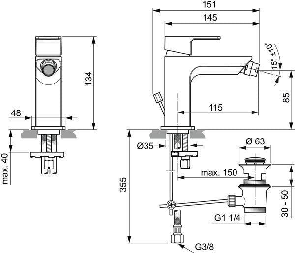 Ideal Standard Edge Bidetarmatur Chrom 115 mm mit Ablaufgarnitur und Keramikkartusche