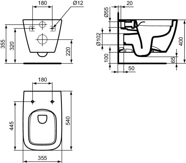 Ideal Standard i.life B Wandtiefspül-WC randlos 355x540x335mm Weiß