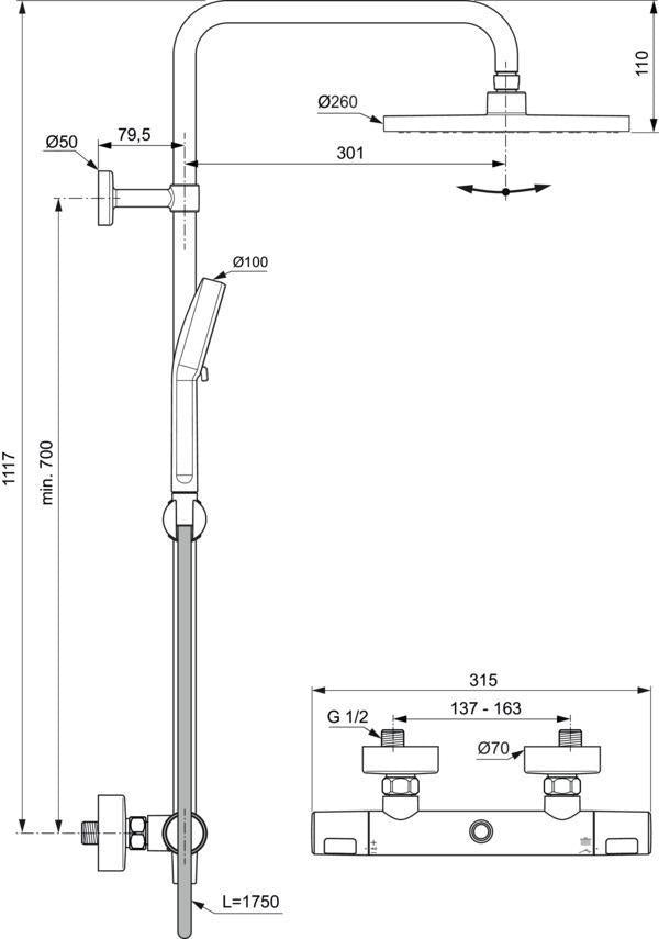 IDEAL STANDARD Duschsystem Ceratherm T25 N mit Thermostat, Kopf- und Handbrause, Chrom