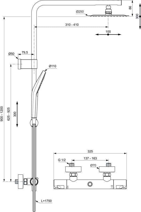 Ideal Standard Ceratherm T50 Duschsystem mit Thermostat & Teleskopfunktion in Chrom