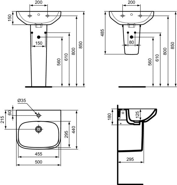 IDEAL STANDARD i.life A Waschtisch 500x440mm Weiß mit 1 Hahnloch und Überlauf
