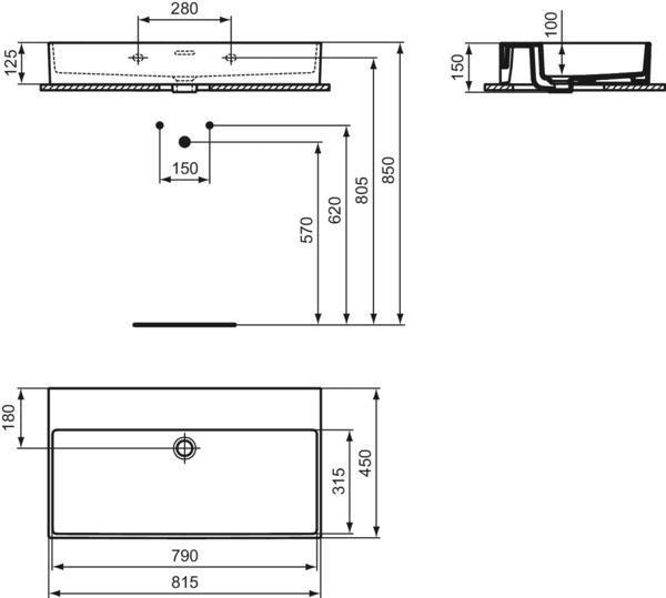 Ideal Standard Extra Aufsatzwaschtisch 815 mm, geschliffen weiß, ohne Hahnloch, mit Überlauf