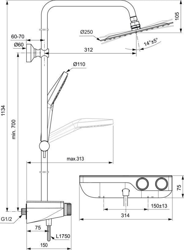 Ideal Standard Duschsystem Ceratherm S200 mit Ablage und runder Handbrause Chrom
