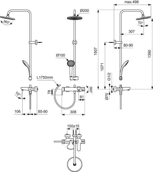 Ideal Standard Duschsystem Cerafine O mit Badearmatur Chrom – Regenkopfbrause & Handbrause