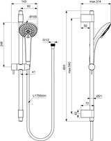 Ideal Standard Idealrain Pro Brausekombination 600 mm mit 3-Funktionshandbrause Chrom