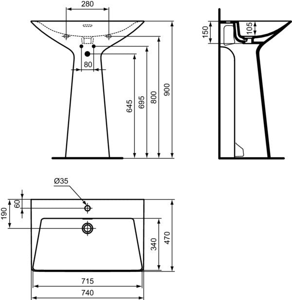 Ideal Standard Säulenwaschtisch Tipo-Z 740x470x900 mm Weiß mit Überlauf und 1 Hahnloch