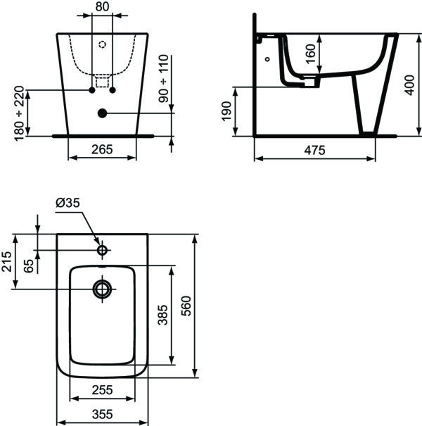 Ideal Standard Stand-Bidet Blend Cube 355x560x400 mm Weiß mit 1 Hahnloch